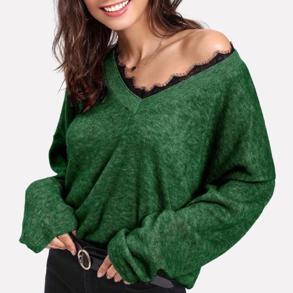 SHEIN Sweaters - NWOT Lace Trim V-Neck Green Sweater